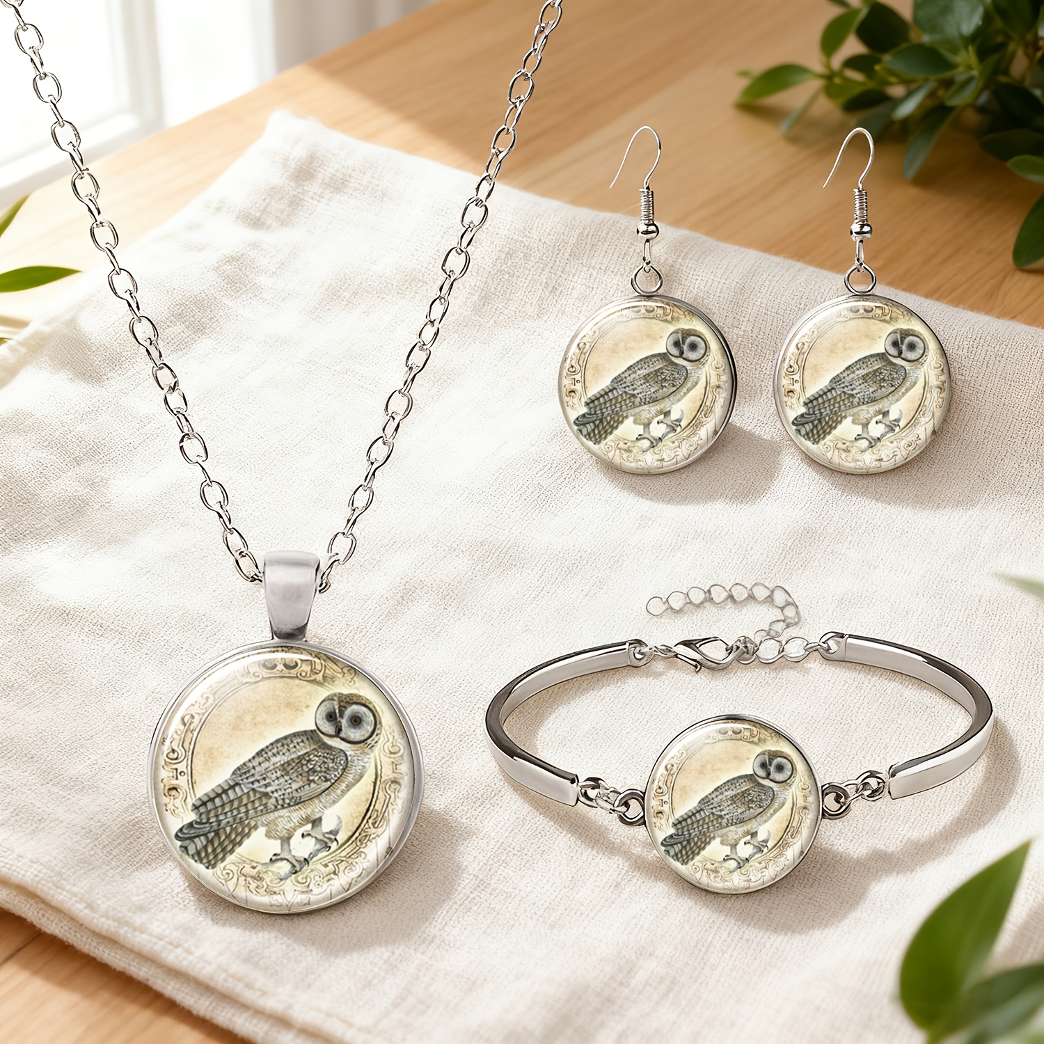 4pc Owl Jewelry Set, Necklace, Bracelet & Earrings